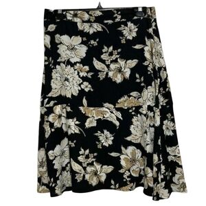 DE Collection Floral Black White Tan Midi Boho Skirt Flowy Bottom Size Small